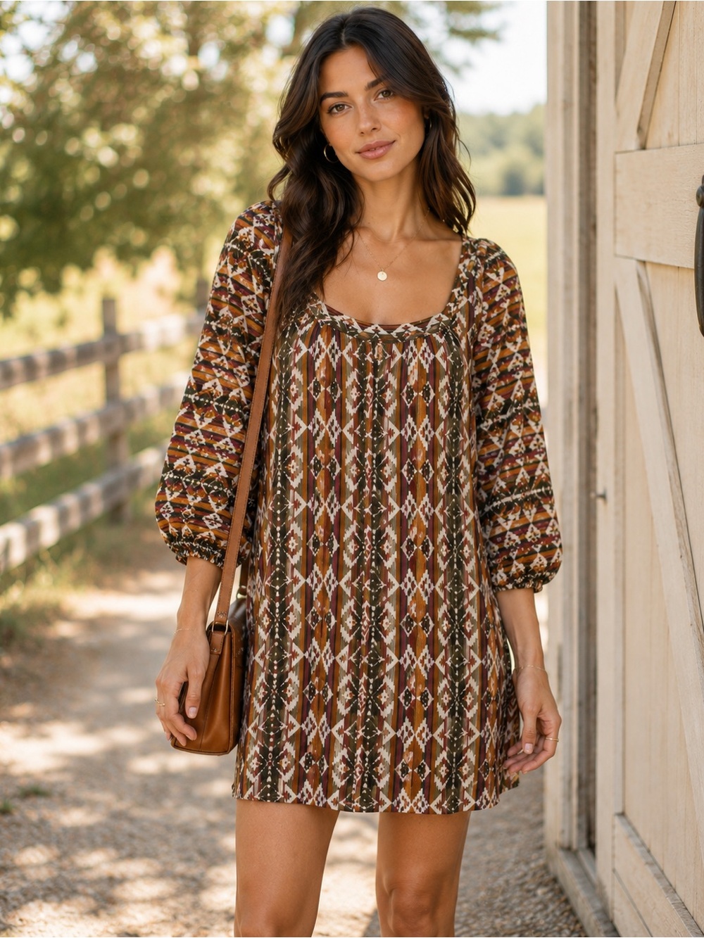Anthropologie Maude Southwestern Boho Mini Dress Puff Sleeve Terra Cotta M